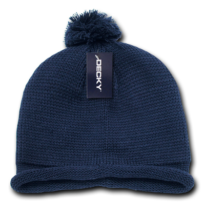 611A Solid RollUp Beanie w/PomPom